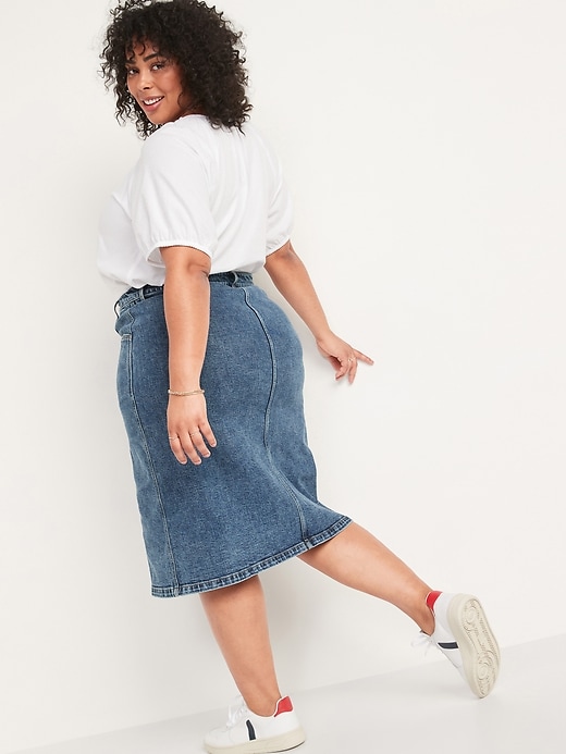 Image number 8 showing, High-Waisted Button-Front Medium Acid-Wash Jean Midi Skirt