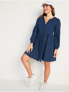 Long-Sleeve Fit & Flare Jean Mini Dress for Women