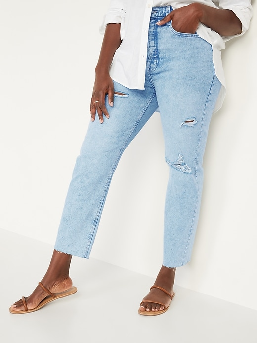 Image number 1 showing, Extra High-Waisted Sky-Hi Straight Button-Fly Ripped Jeans for Women