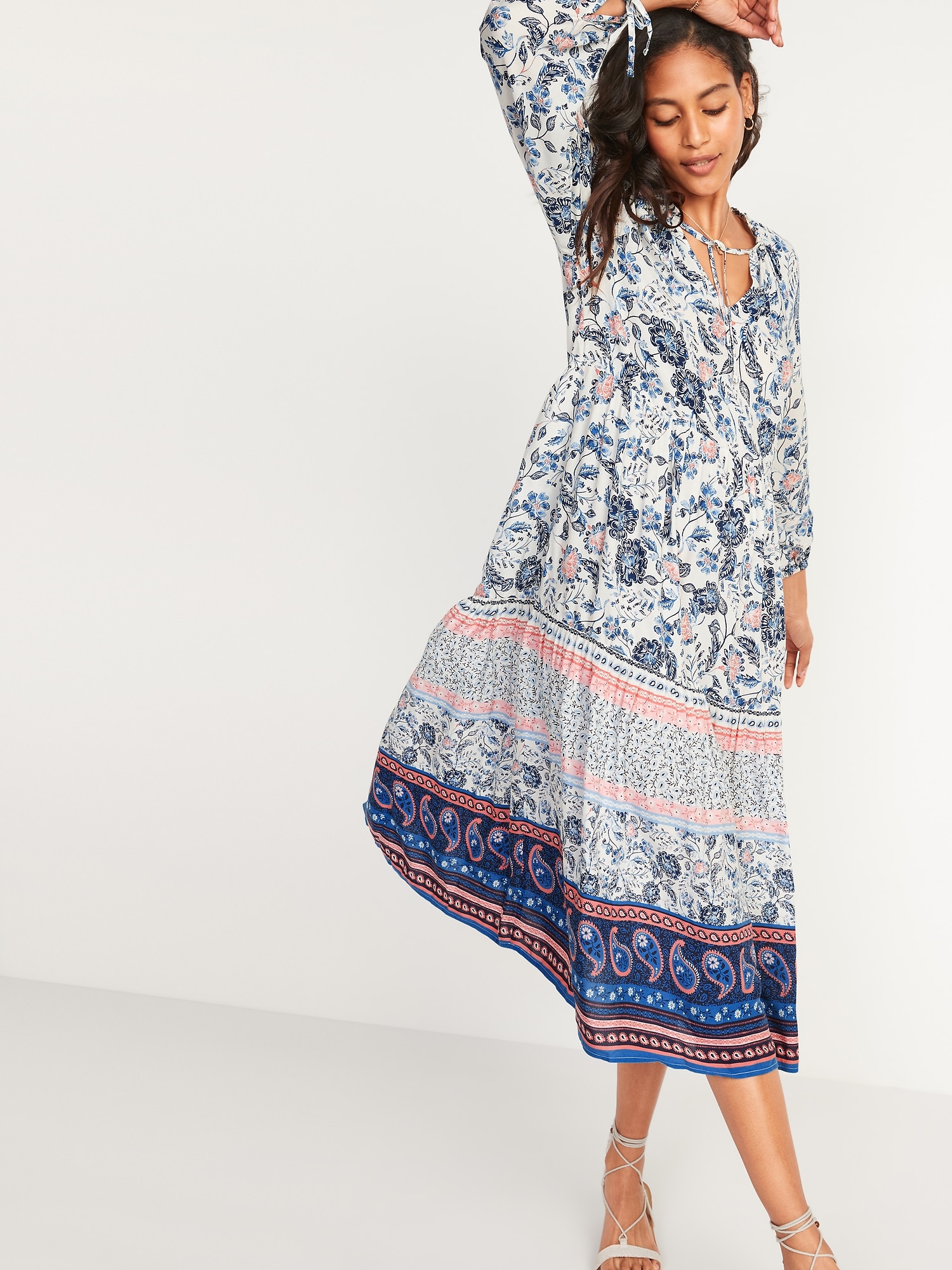 Mixed-Print Tie-Neck Midi Swing Dress for Women | Old Navy