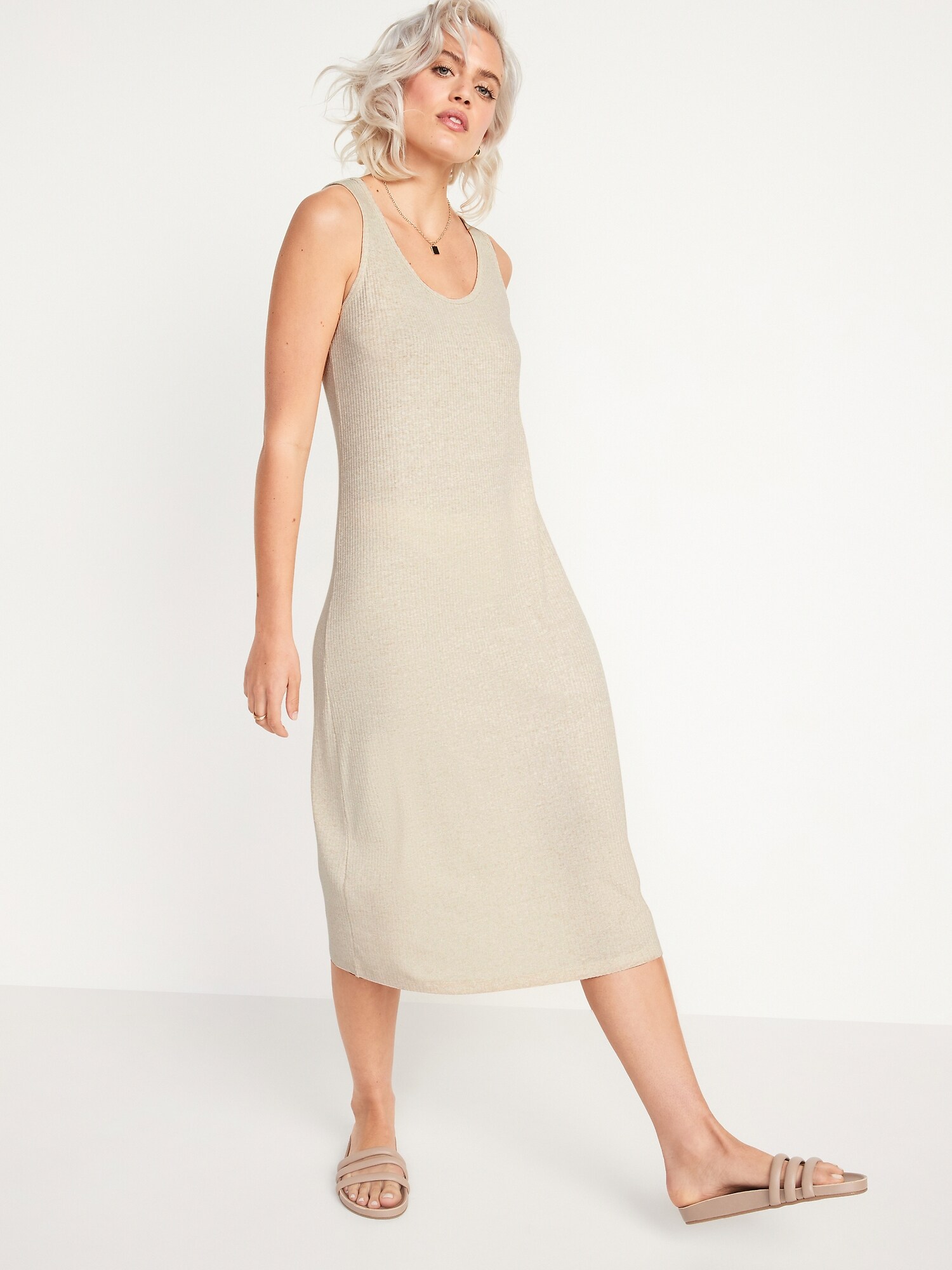 Sleeveless Rib-Knit Linen-Blend Midi Shift Dress for Women | Old Navy