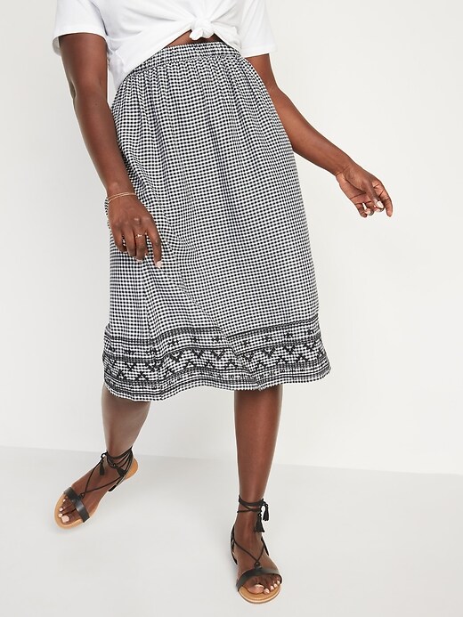 Embroidered Gingham Midi Swing Skirt