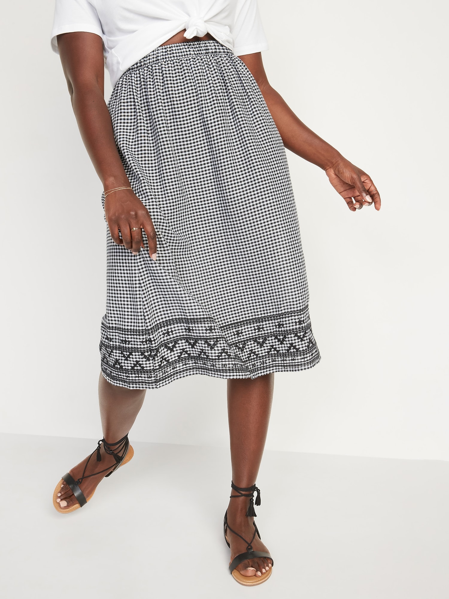 Embroidered Gingham Midi Swing Skirt | Old Navy