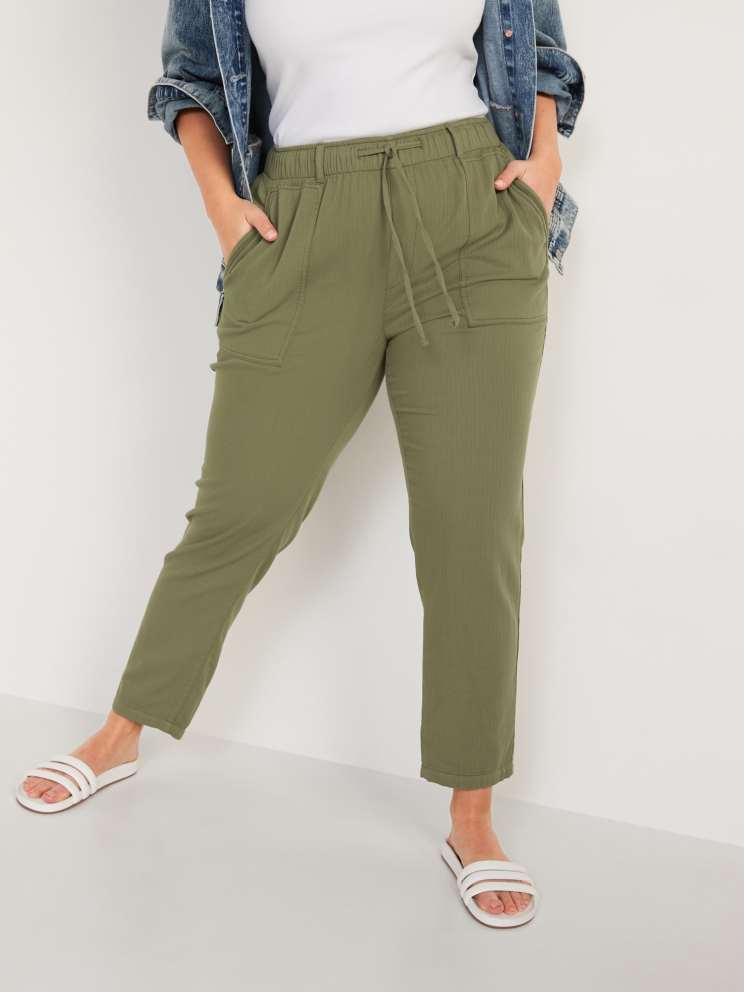 High-Waisted Textured-Twill Utility Ankle Pants for Women