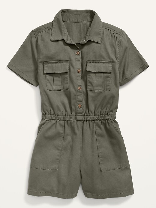 View large product image 1 of 2. Twill Utility-Pocket Short-Sleeve Romper for Girls