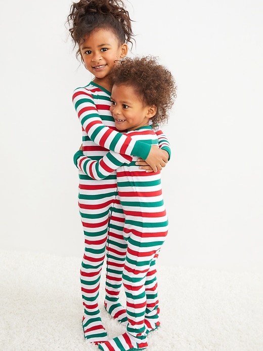 View large product image 1 of 4. Unisex Matching Striped Snug-Fit Footed One-Piece Pajamas for Toddler & Baby