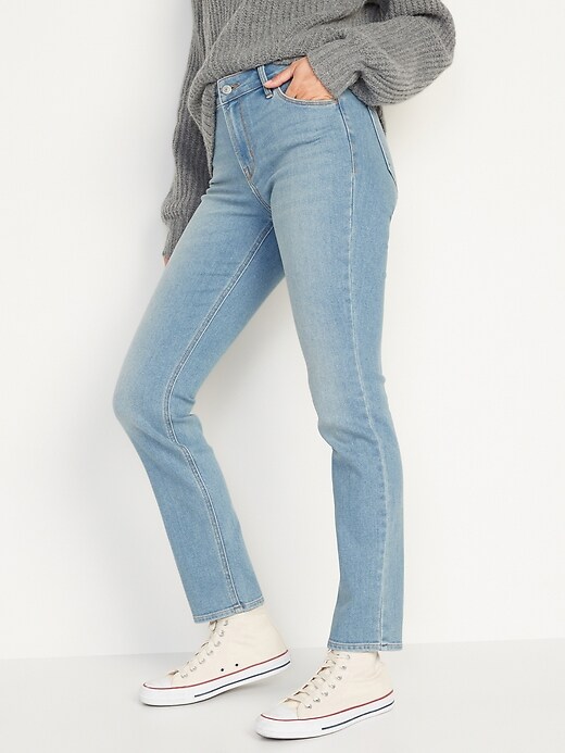 Image number 5 showing, Mid-Rise Light-Wash Straight Jeans for Women
