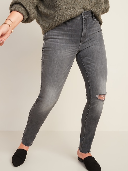 Image number 1 showing, Mid-Rise Rockstar Super Skinny Ripped Gray Cut-Off Jeans for Women