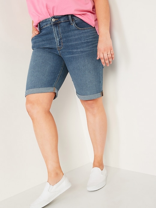 Image number 1 showing, Mid-Rise Medium-Wash Bermuda Jean Shorts for Women -- 9-inch inseam