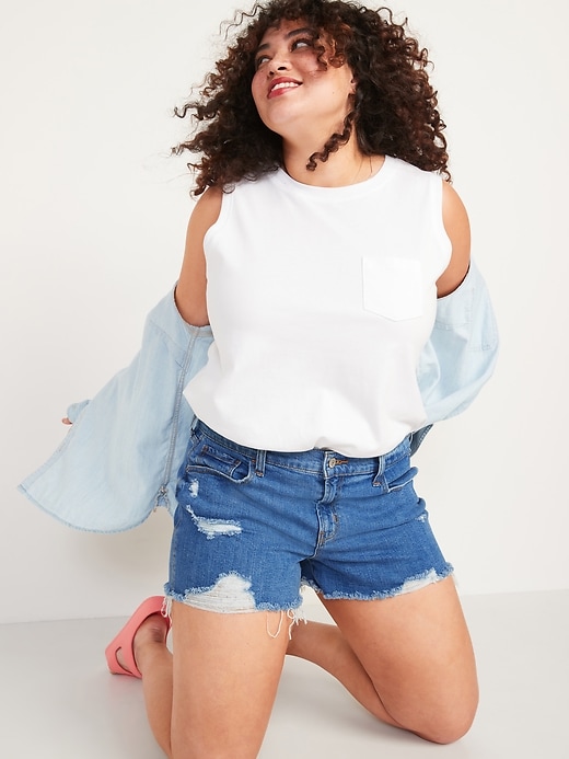 Image number 3 showing, Mid-Rise Ripped Medium-Wash Boyfriend Cut-Off Jean Shorts -- 3-inch inseam