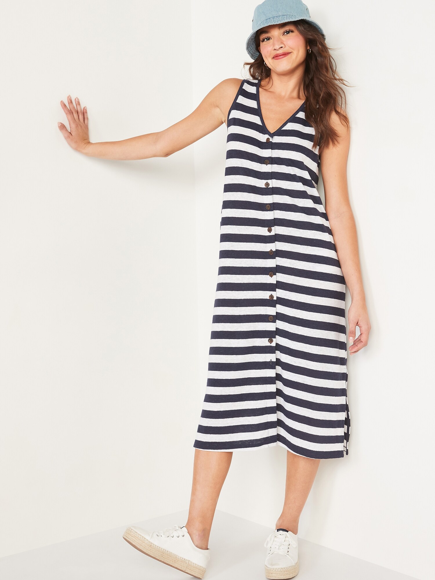 Sleeveless ButtonFront Midi Shift Dress for Women Old Navy