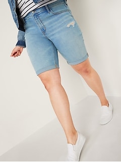 Mid-Rise Light-Wash Distressed Bermuda Jean Shorts for Women -- 9-inch inseam