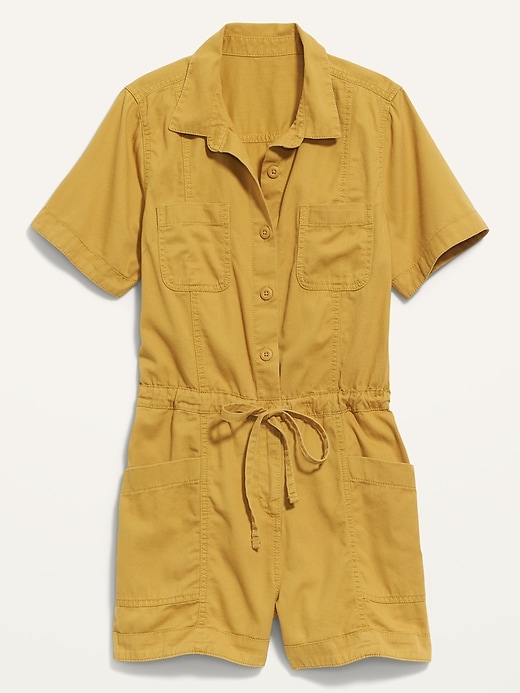 View large product image 2 of 3. Waist-Defined Short-Sleeve Specially-Dyed Utility Romper for Women -- 3.5-inch inseam