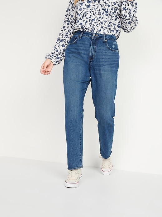 Image number 1 showing, High-Waisted Slouchy Straight Medium-Wash Jeans for Women