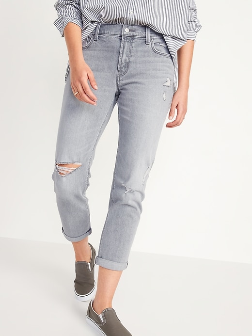 Image number 5 showing, Mid-Rise Boyfriend Straight Ripped Gray Jeans for Women