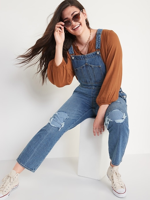 Image number 3 showing, Slouchy Straight Distressed Workwear Jean Overalls for Women
