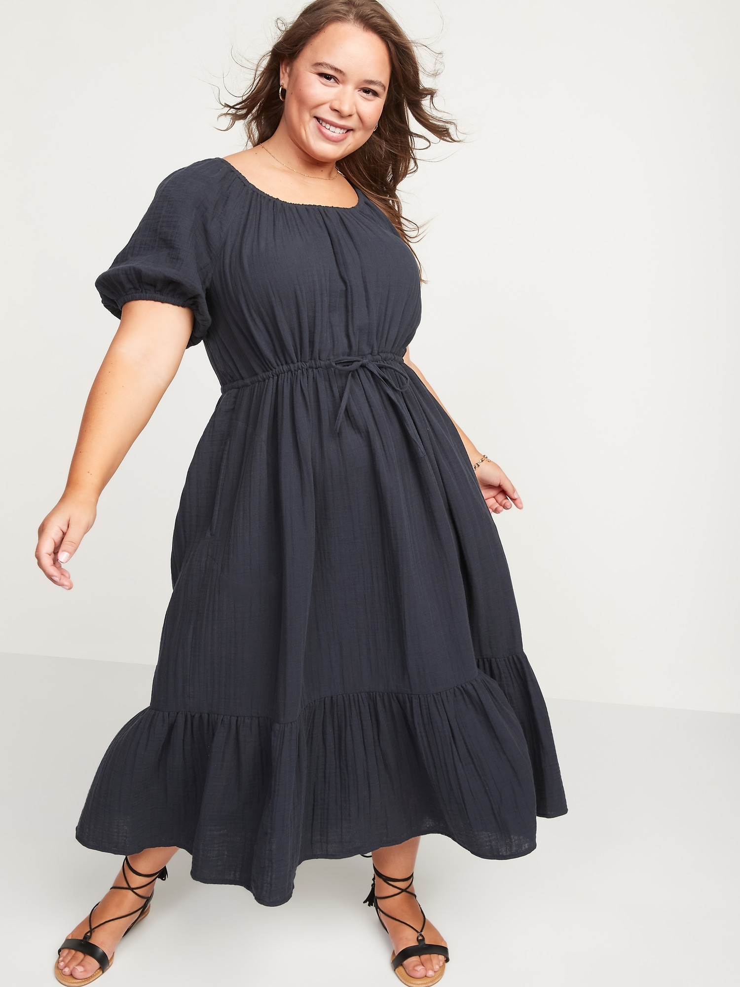 Puff-Sleeve Scoop-Neck Waist-Defined Midi Dress for Women | Old Navy