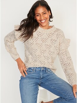 Pointelle Ruffle-Sleeve Sweater for Women