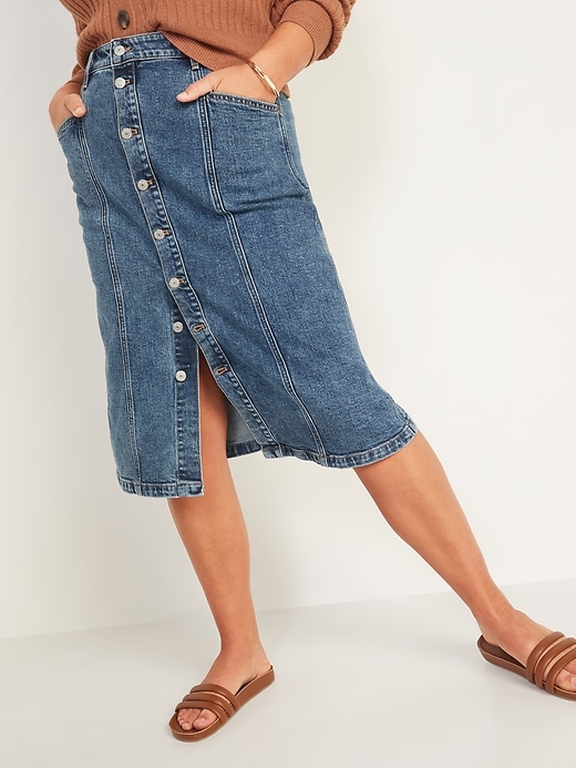 Image number 1 showing, High-Waisted Button-Front Medium Acid-Wash Jean Midi Skirt