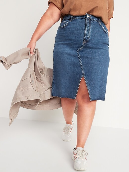 Image number 7 showing, Higher High-Waisted Button-Fly Cut-Off Jean Pencil Skirt