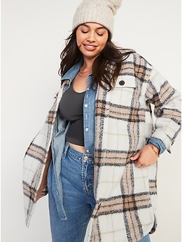 Printed Flannel Long Utility Shacket for Women