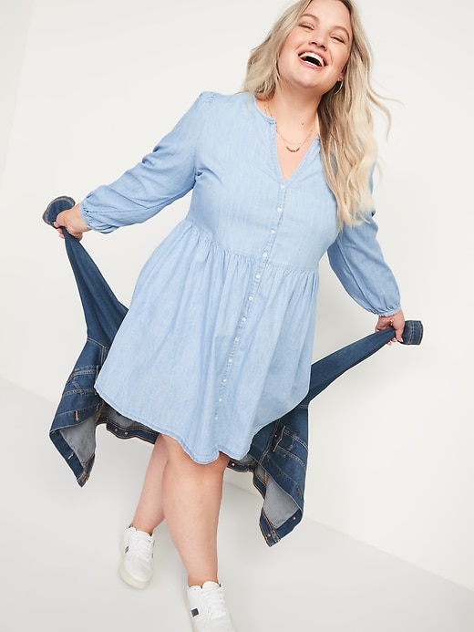 Image number 7 showing, Long-Sleeve Fit & Flare Chambray Mini Dress for Women
