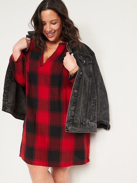 Image number 7 showing, Long-Sleeve Plaid Mini Swing Dress for Women