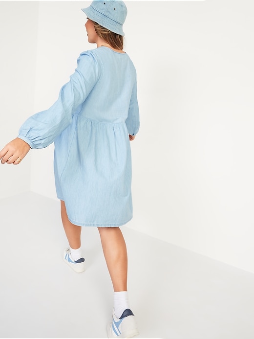 Image number 2 showing, Long-Sleeve Fit & Flare Chambray Mini Dress for Women