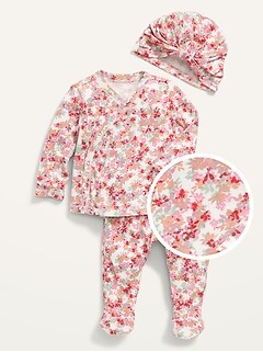 Unisex Kimono Top, Footed Leggings and Beanie 3-Piece Layette Set for Baby