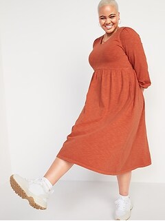 Long-Sleeve Fit & Flare Slub-Knit Midi Dress for Women