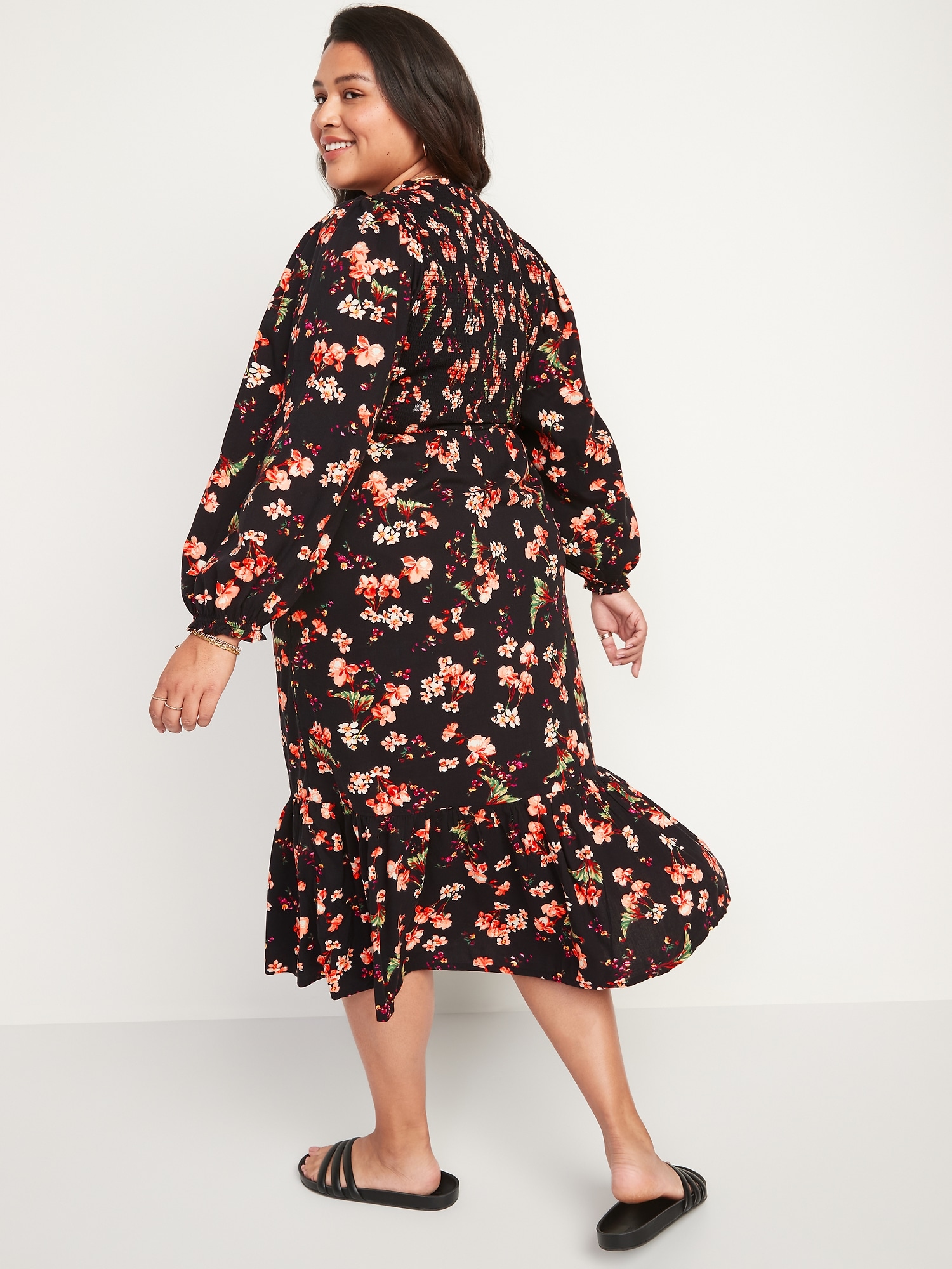 Long-Sleeve Fit & Flare Smocked Midi Dress for Women | Old Navy