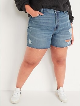 High-Waisted Slouchy Straight Ripped Cut-Off Jean Shorts for Women-- 5-inch inseam