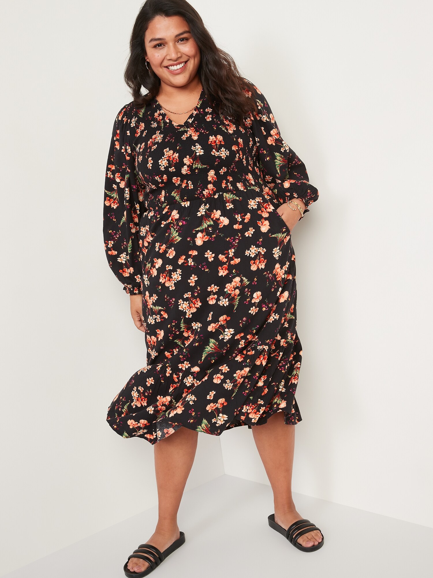 Long-Sleeve Fit & Flare Smocked Midi Dress for Women | Old Navy