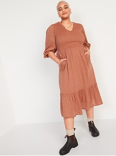 Long-Sleeve Fit & Flare Smocked Clip-Dot Midi Dress for Women