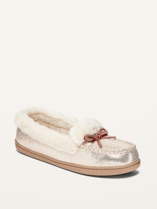 View large product image 1 of 1. Faux-Suede Sherpa-Lined Moccasin Slippers