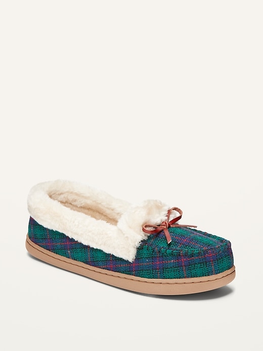 Image number 1 showing, Plaid Faux-Fur Trim Moccasin Slippers