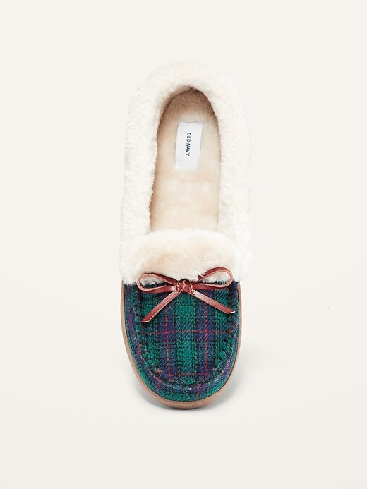Image number 3 showing, Plaid Faux-Fur Trim Moccasin Slippers