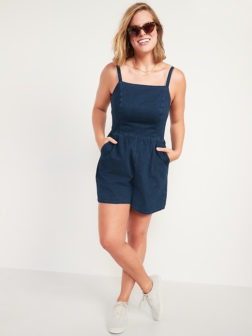 Image number 1 showing, Sleeveless Jean Cami Romper for Women -- 3.5-inch inseam
