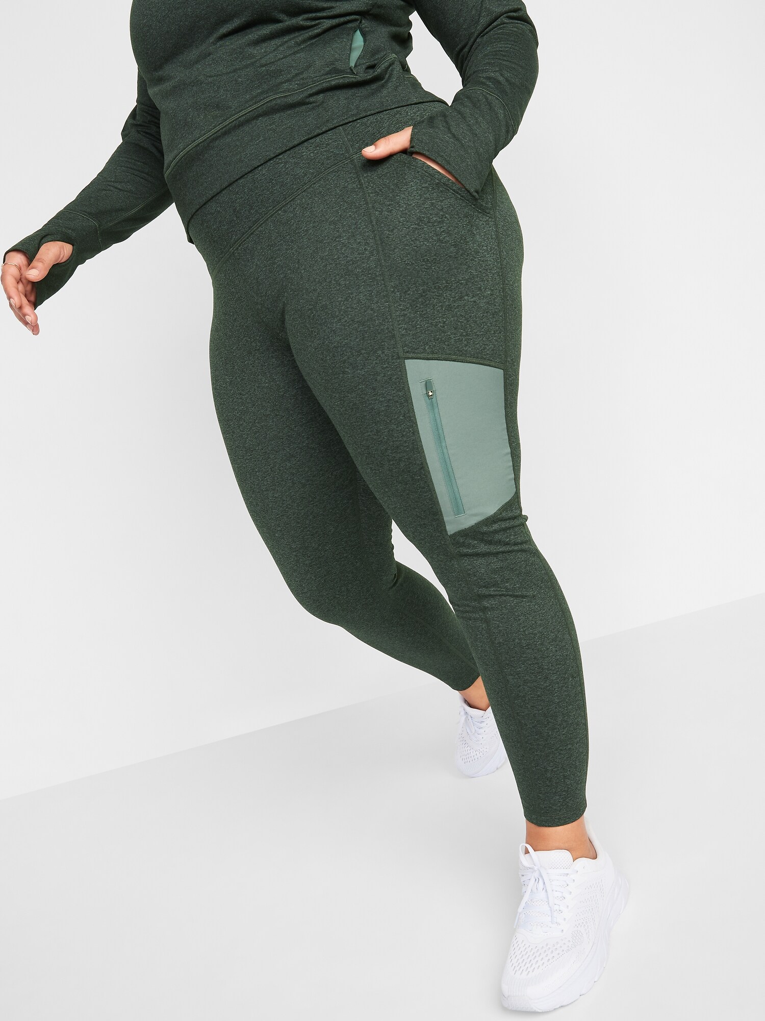 High-Waisted CozeCore Hybrid Zip-Pocket Leggings for Women - Forest Green