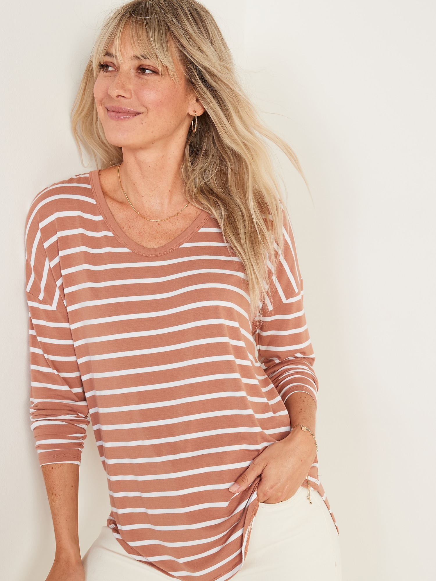 T-shirt Manches Longues Femme Col En V - Coton Polyester Élasthanne, Tunique Élégante Automne
