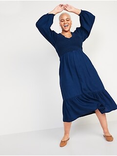 Long-Sleeve Fit & Flare Smocked Midi Dress for Women