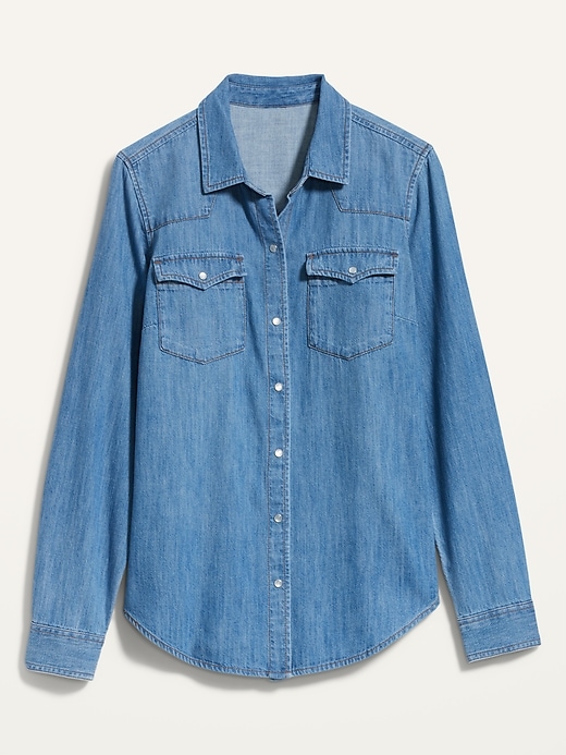 Image number 4 showing, Medium-Wash Western Jean Shirt for Women