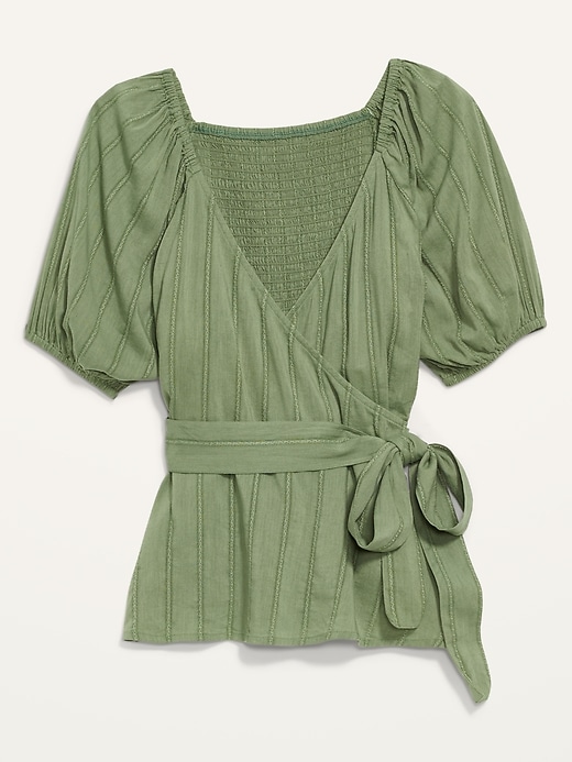 Image number 4 showing, Puff-Sleeve Smocked Dobby-Stripe Wrap Blouse for Women