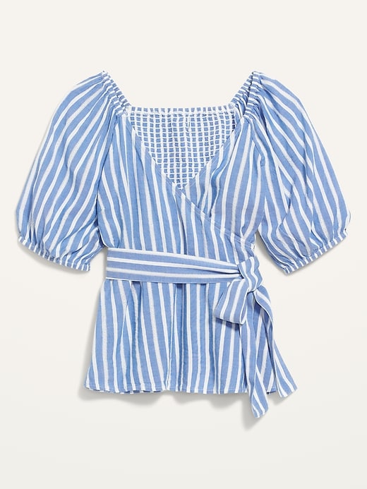 Image number 4 showing, Puff-Sleeve Smocked Striped Wrap-Effect Blouse for Women