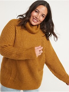 Long-Sleeve Shaker-Stitch Turtleneck Tunic Sweater for Women