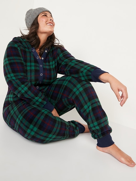 Image number 3 showing, Matching Printed Microfleece Hooded One-Piece Pajamas