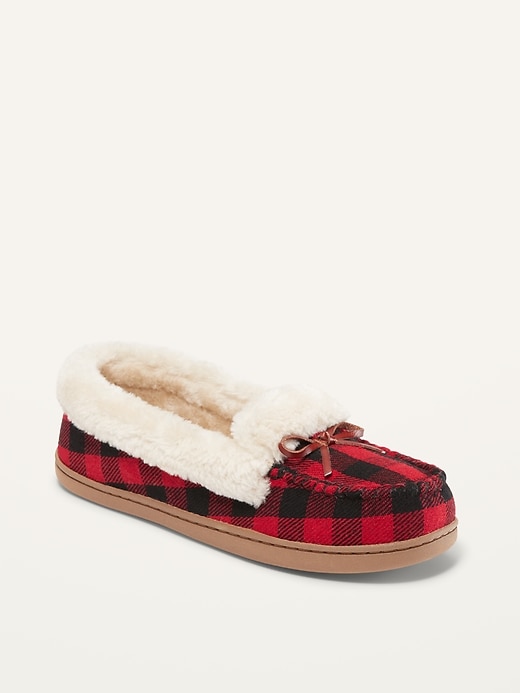Old Navy Plaid Faux-Fur Trim Moccasin Slippers For Women. 1