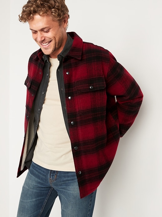 Old Navy Plaid Wool-Blend Sherpa-Lined Shirt Jacket for Men. 1