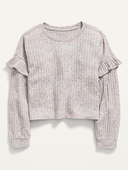 View large product image 1 of 2. Ruffled Rib-Knit Long-Sleeve Cropped Top for Girls