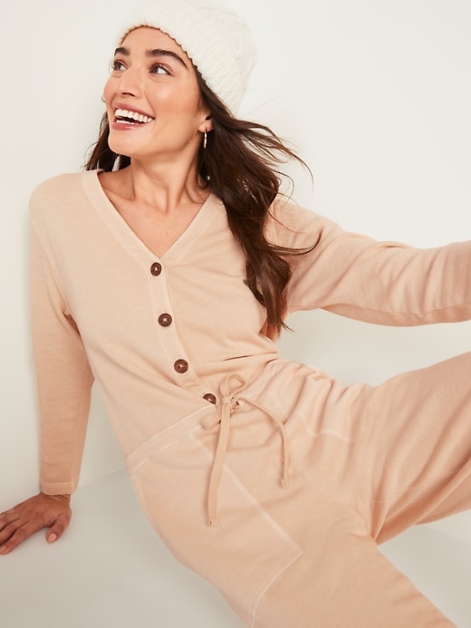 Image number 3 showing, Long-Sleeve Cropped French-Terry Utility Jumpsuit for Women
